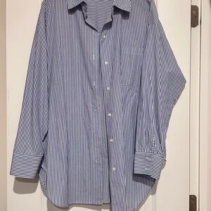 Magaschoni Navy and White Striped Button-Down Shirt